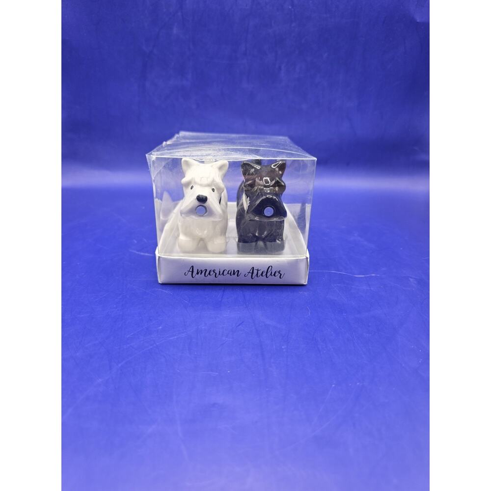 NIB American Atelier Ceramic Kissing Scottie's S&P Shaker Set